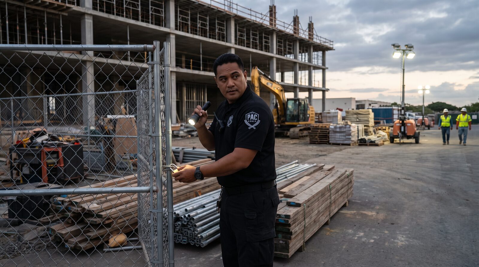 Security officer inspecting fencing and equipment at a construction site after working hours.