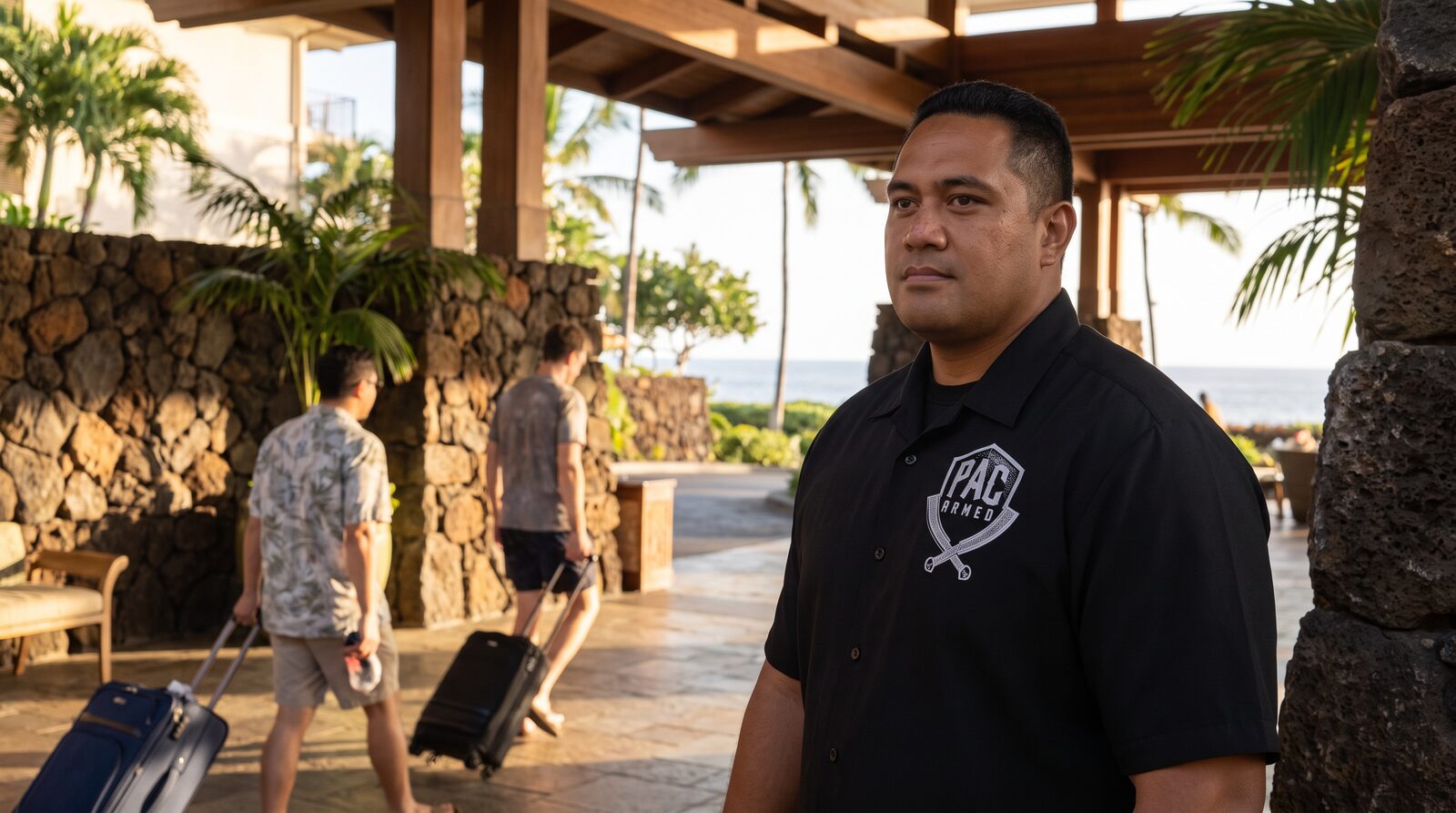 Professional security officer monitoring an open-air hotel or resort property in Hawaiʻi.