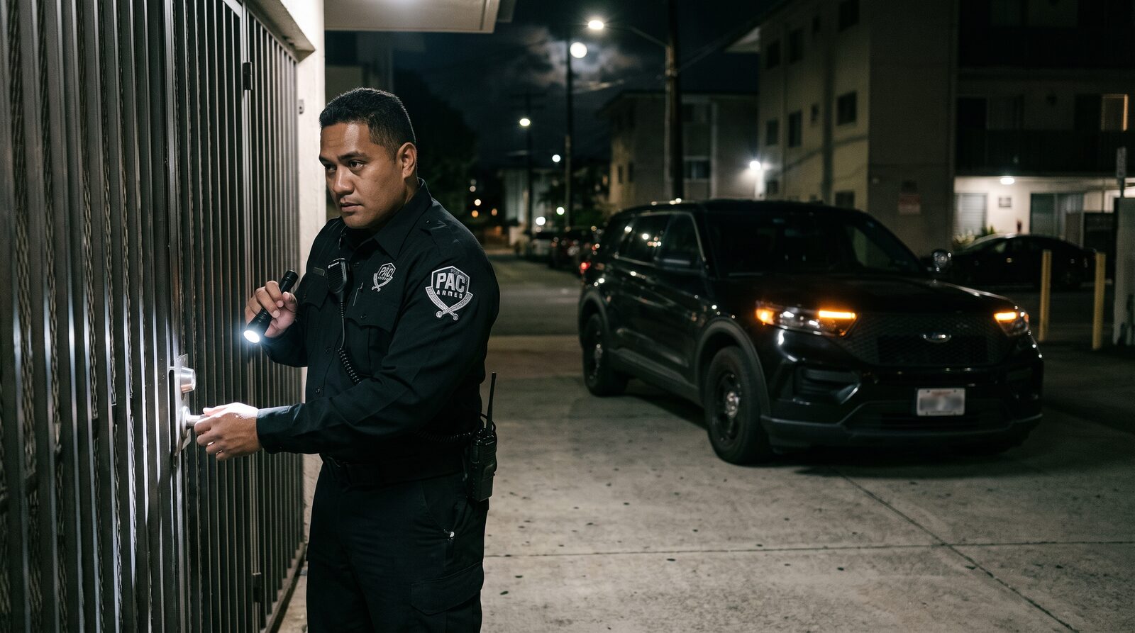 Security officer conducting a nighttime mobile patrol and checking a property access point.
